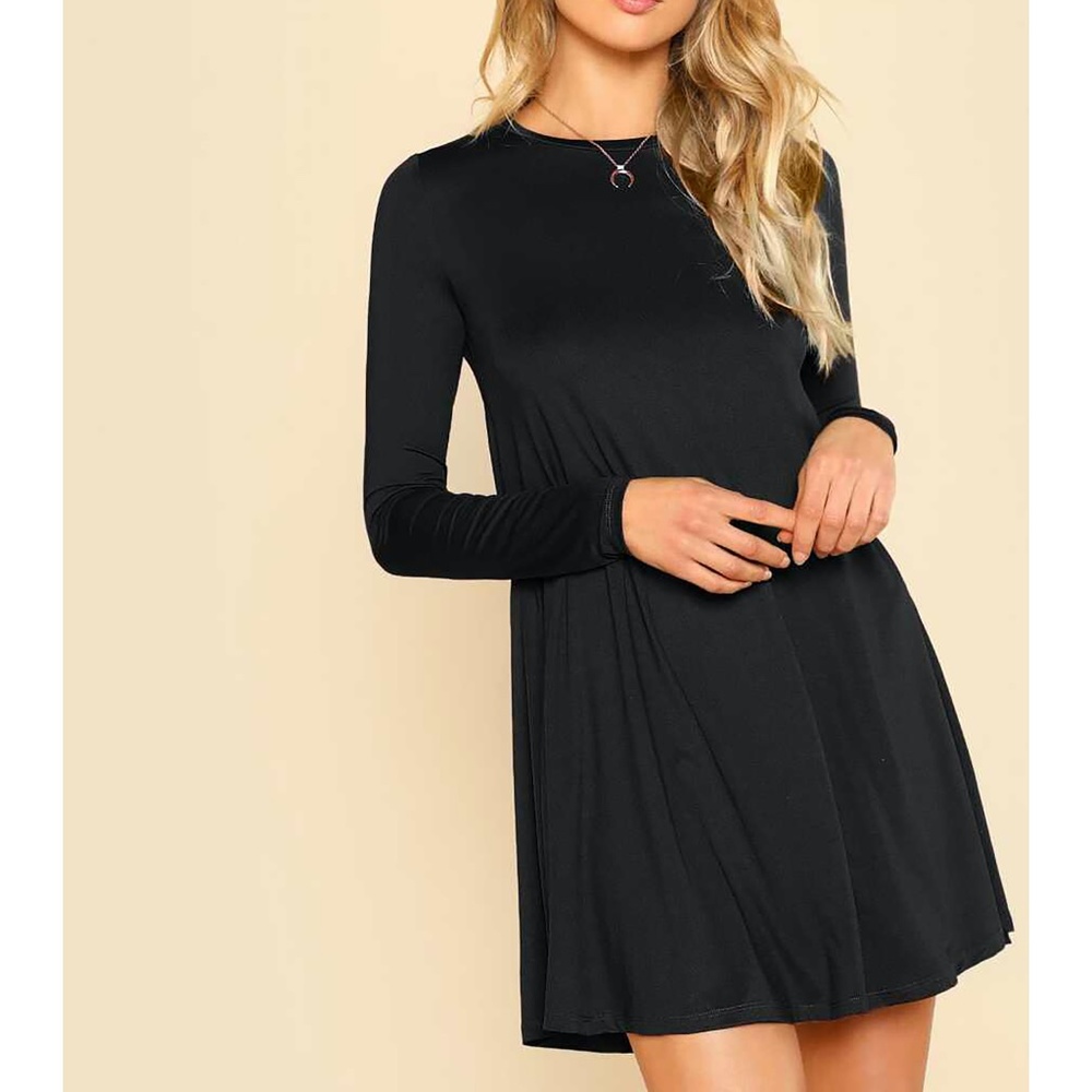 Black Long Sleeve Flare Basic Mini Dress